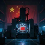 国家主導の秘密めいた半導体製造施設をイメージしたコンセプトアート。浸漬式露光装置のシルエットが薄暗い青と赤の照明の中に浮かぶ、映画的な広角構図だ。