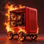 自作PCデスクに部品が散らばり、メモリやGPUの上に赤い上昇矢印の価格タグが浮かぶ様子を描いたコンセプトアート。警告的な雰囲気を青と赤の照明で演出