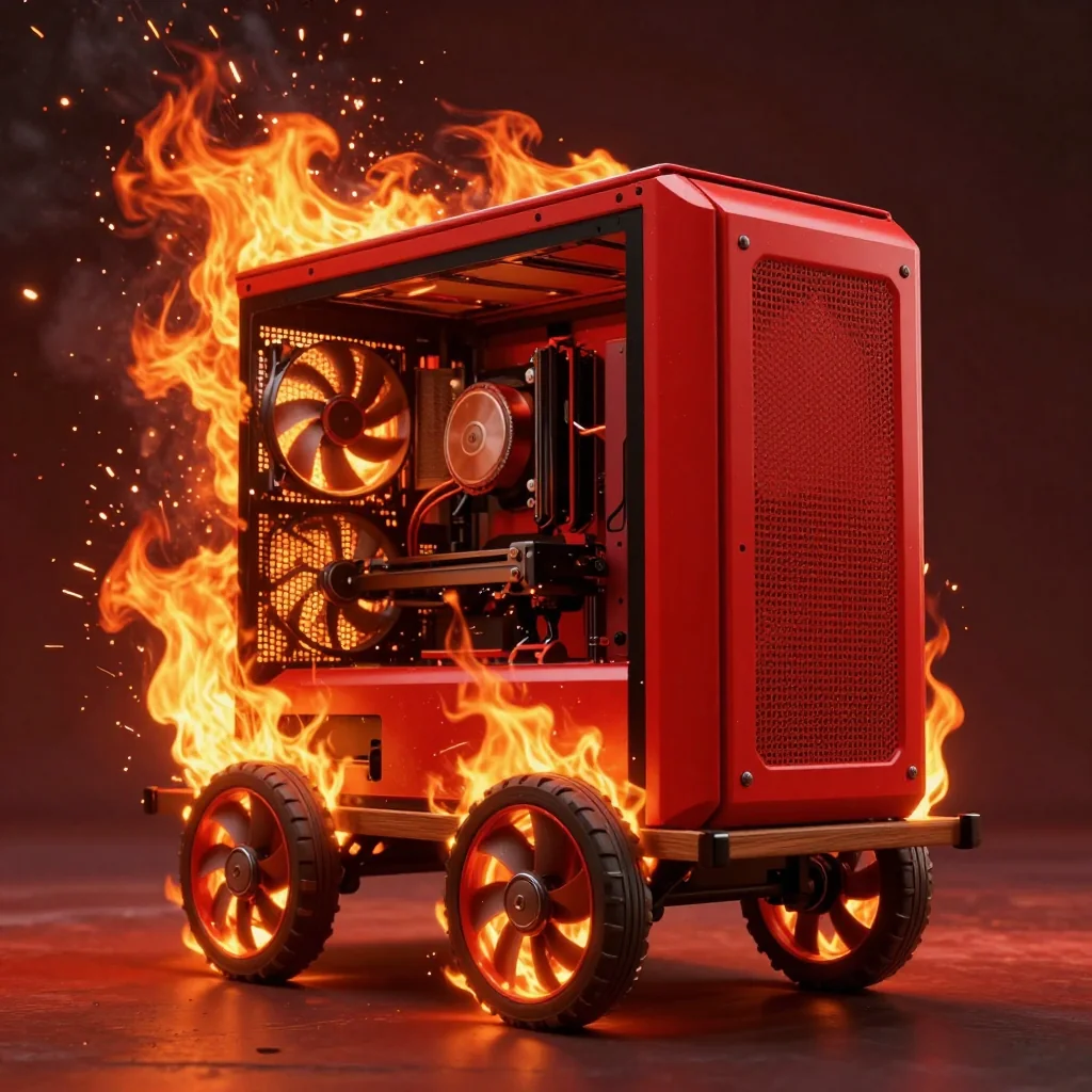自作PCデスクに部品が散らばり、メモリやGPUの上に赤い上昇矢印の価格タグが浮かぶ様子を描いたコンセプトアート。警告的な雰囲気を青と赤の照明で演出