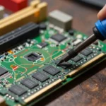 修理工房の作業台に置かれたグラフィックカード基板のマクロ撮影。GDDR6メモリチップ付近にはんだごてが添えられた精密な基板修理の様子
