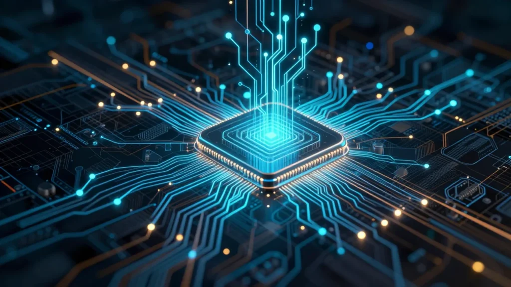 チップ設計図が発光するニューラルネットワーク回路へと変化していく抽象的コンセプトアート。暗い背景にシアンとアンバーのデータストリームが流れる、近未来的なテクノロジービジュアル