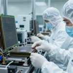 NANDフラッシュ増産をイメージした半導体クリーンルームの写真調コンセプト画像。白い防塵服の技術者がウェハースタックを検査している様子