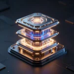 AIモデルの階層構造をイメージした抽象コンセプトアート。輝く二重構造のニューラルコアが暗いスタジオ背景に浮かび上がる、シネマティックな光の演出
