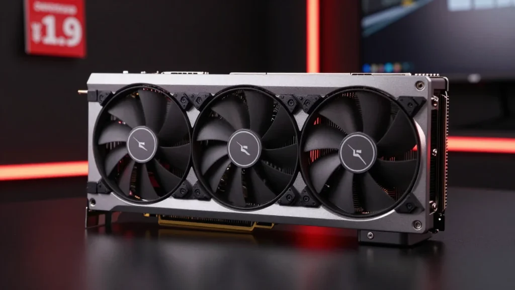 暗く反射のある台の上に置かれたトリプルファン仕様のゲーミングGPU。赤とグレーを基調としたスタジオ照明で、背景にはディスカウントを示唆する視覚要素をさりげなく配置