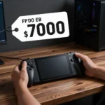 木製デスクに置かれたハンドヘルドゲーミングPC。価格上昇を暗示する演出照明、柔らかいスタジオライティング