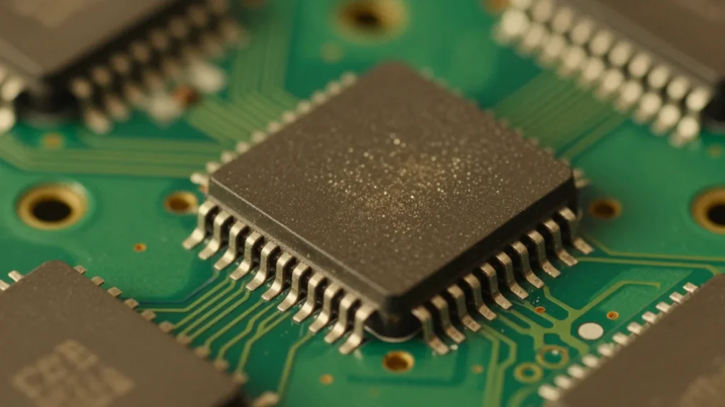 DIP40パッケージのビンテージ8ビットマイクロプロセッサのマクロ撮影。緑の基板上に配置され、ノスタルジックな暖色系の光で撮影されたイメージ
