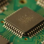DIP40パッケージのビンテージ8ビットマイクロプロセッサのマクロ撮影。緑の基板上に配置され、ノスタルジックな暖色系の光で撮影されたイメージ