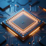 近未来的なプロセッサーダイのクローズアップ。青とオレンジに発光する回路パターン、対称的なコアグリッド構造を強調したコンセプトアート風のイメージ