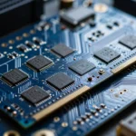 改造中のグラフィックカード基板をマクロ撮影したイメージ。追加のメモリチップがはんだ付けされている様子