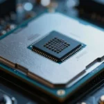 次世代CPUのシリコンダイをイメージしたマクロ撮影風の画像。複数のチップレット構成が見える基板上のプロセッサパッケージ