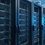 GPUアクセラレータを搭載したデータセンターのサーバーラック群のイメージ。冷たい青色照明の中で稼働する様子