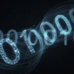 文字の中に溶け込むように流れるインクとデータのテクスチャ。見えない電子透かしという概念を、暗い背景に淡い青色のアクセントで表現した抽象的なテックイラスト