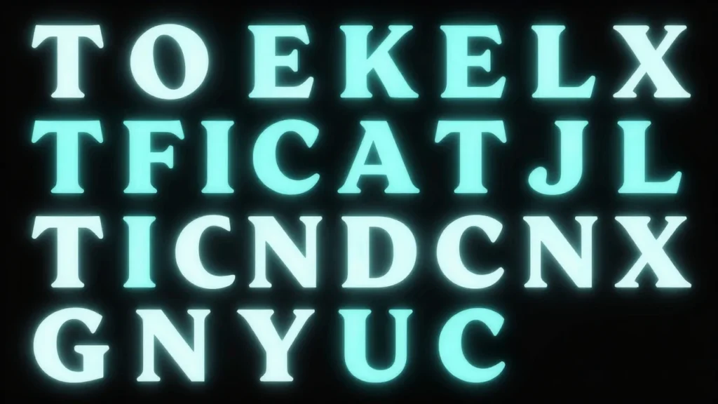 崩れた文字が読める単語へと変化していく、二重性をテーマにしたタイポグラフィ。暗い背景にシアンと白のコントラストで表現した抽象的なフォントデザインイラスト