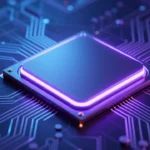 次世代CPUチップレット構造をイメージしたコンセプトアート。青紫の光を帯びた回路パターンで、最先端の半導体開発を演出（参照用） ※フォトリアル調ではなくコンセプトアート表現のため、AI画像の実写誤認防止に関する免責表記は不要と判断