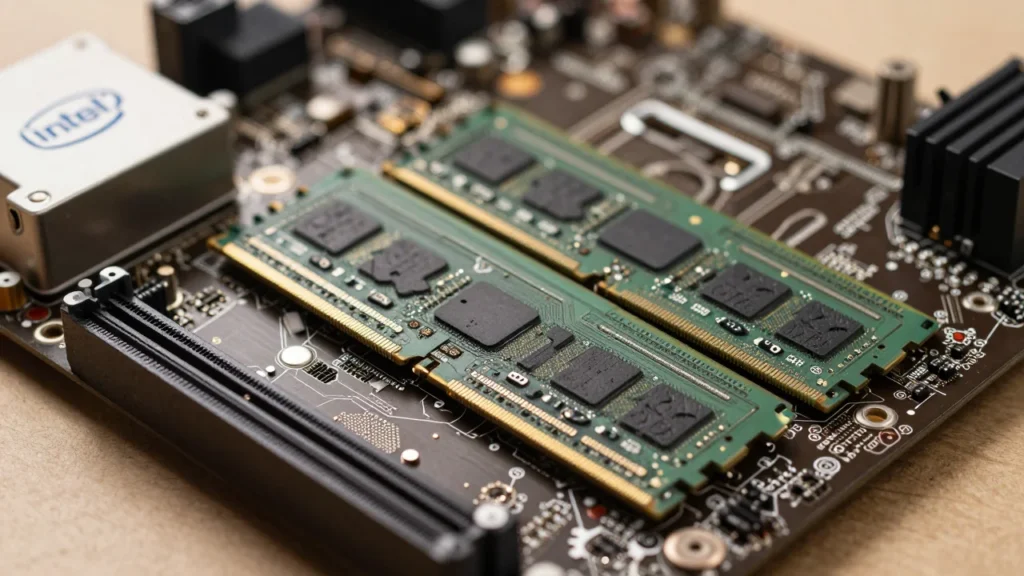 DDR4メモリを装着したLGA 1700マザーボードのクローズアップ写真。現役で使われ続ける旧世代ハードウェアの雰囲気を演出（参照用） ※実写風の写真的表現のため、AI生成画像の免責表記（実在製品と誤認されうる旨）を本文または画像脚注に付記することを推奨