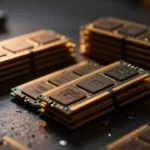 積み上げられたNANDフラッシュメモリチップを琥珀色の照明でマクロ撮影したような、陰影の強い産業写真風イメージ