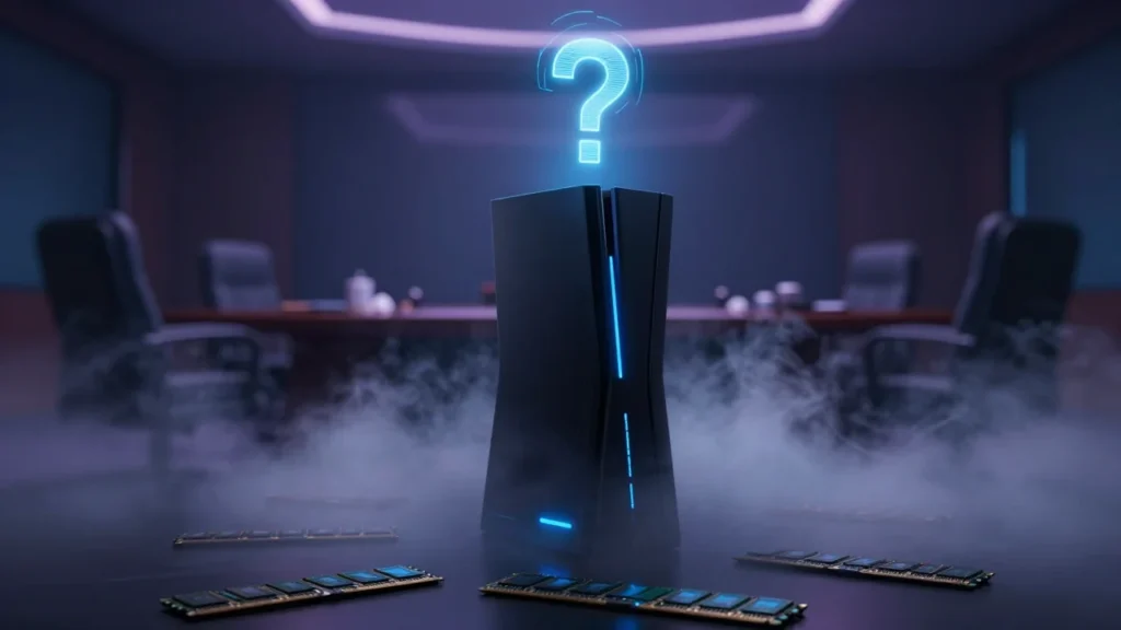 霧の中に浮かび上がる、輪郭のはっきりしない次世代ゲーム機のシルエット。先行き不透明感を表現したコンセプトアート。上空にはホログラムの「？」マーク、手前にはDRAMメモリチップが散らばり、背景にはぼやけた会議室。青紫系のドラマチックな照明