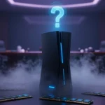 霧の中に浮かび上がる、輪郭のはっきりしない次世代ゲーム機のシルエット。先行き不透明感を表現したコンセプトアート。上空にはホログラムの「？」マーク、手前にはDRAMメモリチップが散らばり、背景にはぼやけた会議室。青紫系のドラマチックな照明