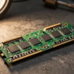改造直後を思わせるグラフィックボードの基板クローズアップ。追加実装されたメモリチップと半田付けの跡が生々しい、工房の作業台を思わせる質感の写真的コンセプトアート