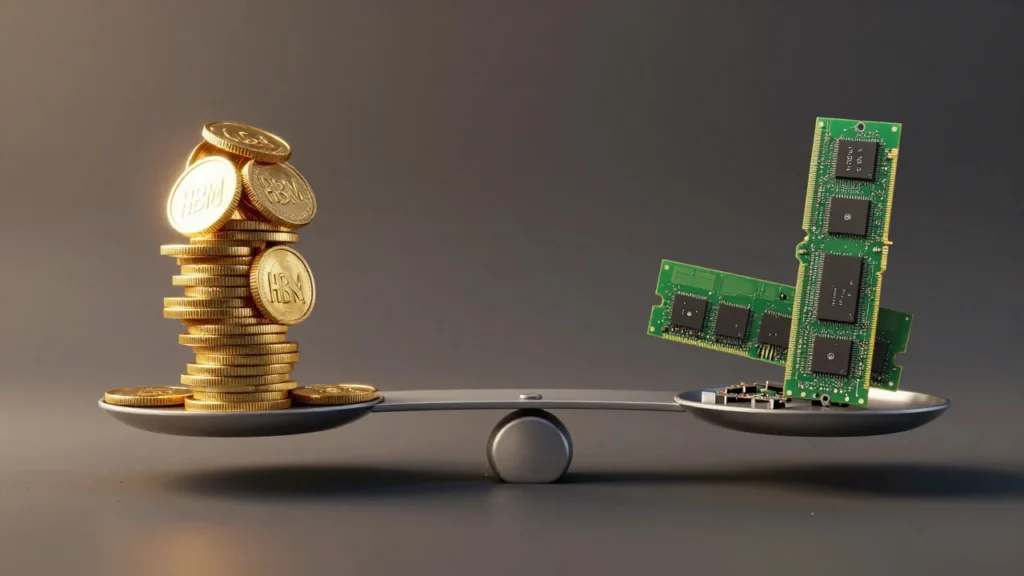 HBM（金色に輝くコインのイメージ）とレガシーDRAM（やや埃をかぶった旧型チップ）を天秤にかける、資源配分の偏りを象徴する概念イラスト