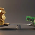 HBM（金色に輝くコインのイメージ）とレガシーDRAM（やや埃をかぶった旧型チップ）を天秤にかける、資源配分の偏りを象徴する概念イラスト