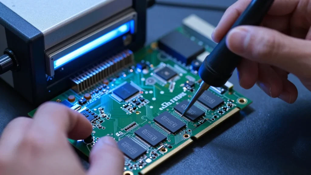 グラフィックカード基板のクローズアップ。技術者がホットエアリワークステーションでGDDR6メモリチップを付け替えている様子