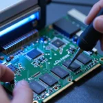 グラフィックカード基板のクローズアップ。技術者がホットエアリワークステーションでGDDR6メモリチップを付け替えている様子