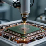 半導体先進パッケージング工程のクローズアップ写真。有機基板に埋め込まれた相互接続ブリッジの上へシリコンダイを精密実装するロボットアーム。クリーンルーム環境