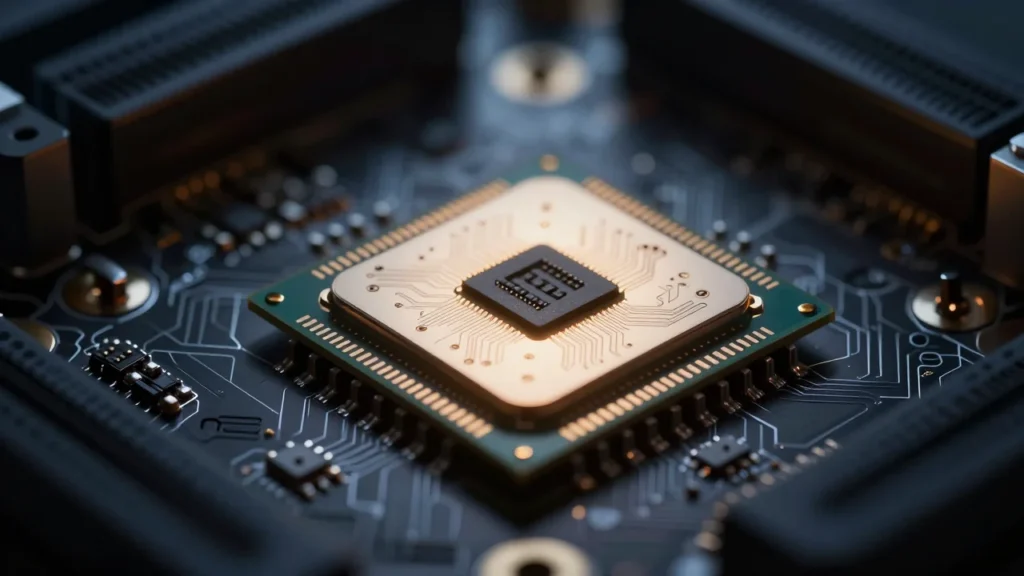 ノートPCのマザーボード上でNPUチップがぼんやりと光っているマクロ撮影風のイメージ。長らく眠っていたものが動き出す雰囲気を演出