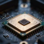ノートPCのマザーボード上でNPUチップがぼんやりと光っているマクロ撮影風のイメージ。長らく眠っていたものが動き出す雰囲気を演出