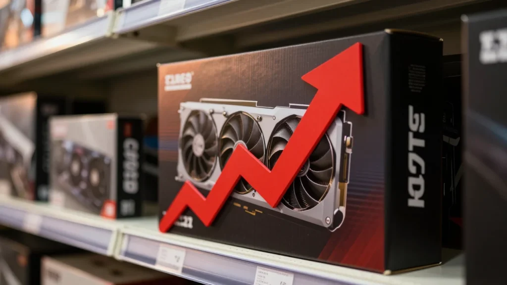 値上げをイメージした概念写真。グラフィックボードの箱と赤い上昇矢印、日本の家電量販店の陳列棚を思わせる構図
