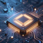 AIアクセラレータチップの設計をイメージした抽象的なコンセプトアート。ダークなシリコンウェハー上に発光する回路パターンと設計図のオーバーレイ