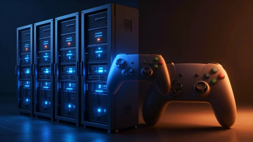 データセンターの光り輝くサーバーラックと、影に沈むゲーミングコントローラー／グラフィックスカードを対比させたコンセプトアート。AMDの事業構造の変化を象徴するビジュアル