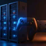 データセンターの光り輝くサーバーラックと、影に沈むゲーミングコントローラー／グラフィックスカードを対比させたコンセプトアート。AMDの事業構造の変化を象徴するビジュアル