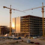 テキサスの砂漠地帯に建設中の巨大半導体工場。クレーンと鉄骨フレーム、夕暮れ時のドラマチックな光