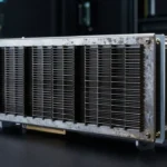産業用パッシブ冷却シュラウドを持つデータセンター向けグラフィックカード。暗いサーバールームを背景にしたプロダクト写真風の構図