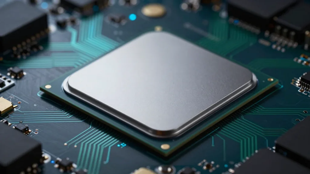 マザーボード上に置かれたARMベースのノートPC向けプロセッサチップ。青緑の基板照明を活かしたマクロ撮影風のプロダクト写真