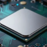 マザーボード上に置かれたARMベースのノートPC向けプロセッサチップ。青緑の基板照明を活かしたマクロ撮影風のプロダクト写真