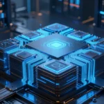 積層されたメモリチップと基板配線が青く発光する、近未来的な半導体をイメージしたコンセプトアート。データセンターの雰囲気を演出