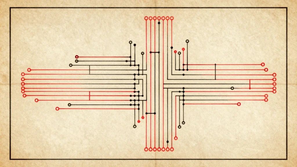 1970年代の半導体設計図をイメージした、手描きの集積回路レイアウトパターン。赤と黒を基調としたレトロな技術図面の雰囲気