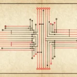 1970年代の半導体設計図をイメージした、手描きの集積回路レイアウトパターン。赤と黒を基調としたレトロな技術図面の雰囲気