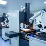 最新の半導体製造施設内部。クリーンルーム環境で稼働する先端リソグラフィ装置とロボット式ウェハ搬送システム