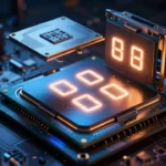 シリコンダイ表面に光る4桁の型番が刻まれた、未来的なCPUコンセプトアート。マザーボードソケットの上に分解された形でプロセッサパッケージが浮かぶ演出