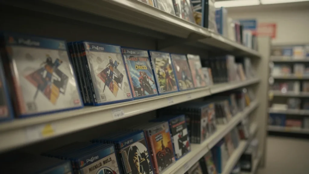 薄暗いゲームショップの陳列棚、まばらに残ったPS用パッケージソフト、埃っぽく寂れた雰囲気、ノスタルジックな構図