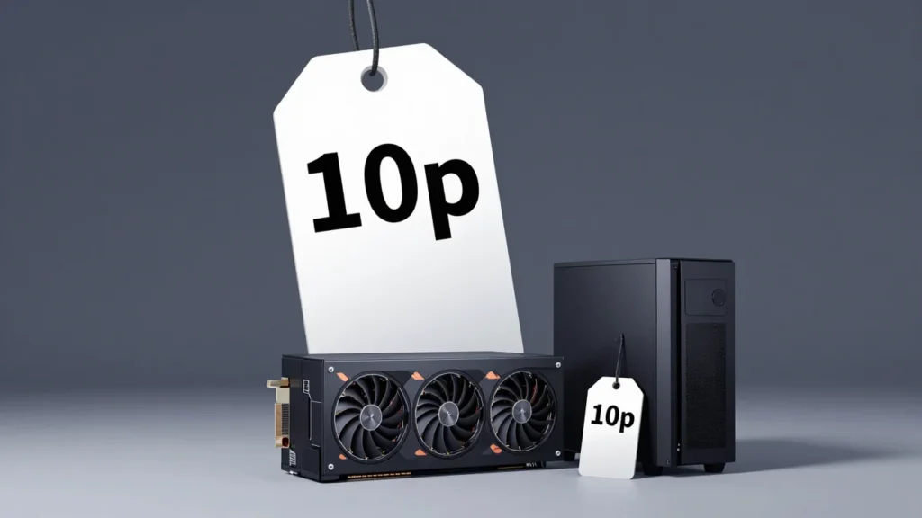 単体GPUの箱に巨大な値札がついている一方、隣のゲーミングPC本体には小さな値札しかついていない対比を描いた概念イラスト