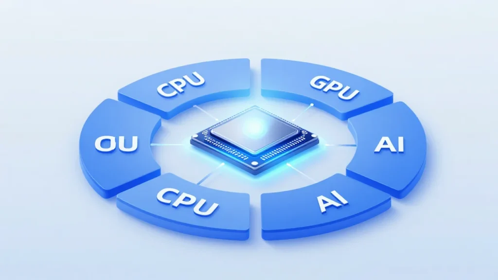 統合メモリチップを中心に、データプールがCPU・GPU・AI処理向けに分割されていく様子を描いた概念的な技術図解イラスト