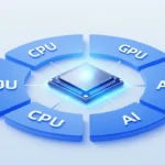 統合メモリチップを中心に、データプールがCPU・GPU・AI処理向けに分割されていく様子を描いた概念的な技術図解イラスト
