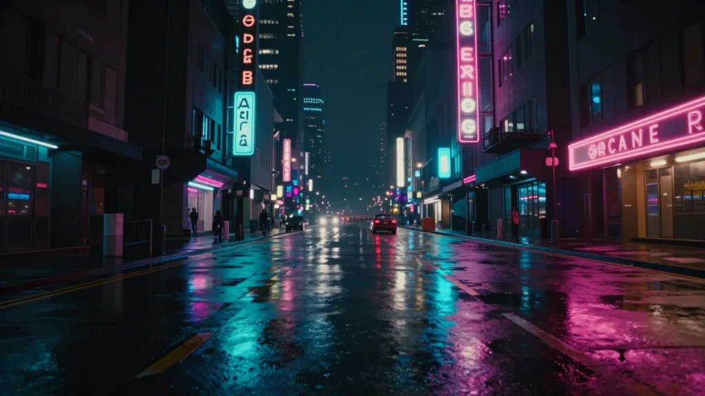 レイトレーシングによるネオン街の夜景。濡れた路面の反射と立体的な光が特徴