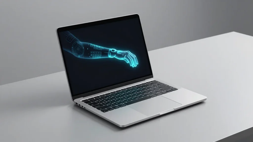 薄型ノートPCのプロダクト写真イメージ。キーボードから発する仄かな光と、Armチップを想起させるシルエットを重ねた構成