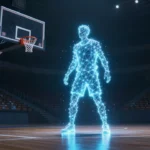 夜のバスケットボールアリーナを舞台に、選手のシルエットをニューラルネットワーク状の光の粒子が包み込む近未来的なコンセプトアート